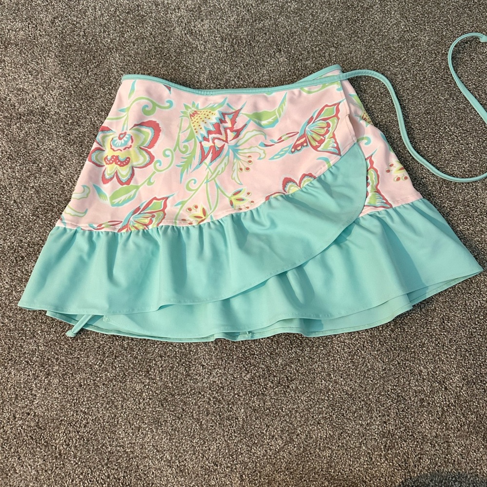 Vix Pink Floral Wrap Swim Skirt with Aqua Ruffle